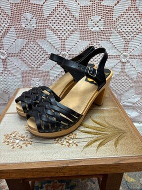 Toffel Swedish Hasbeens Style Wooden Clog Heels | Black Leather | Sz 8